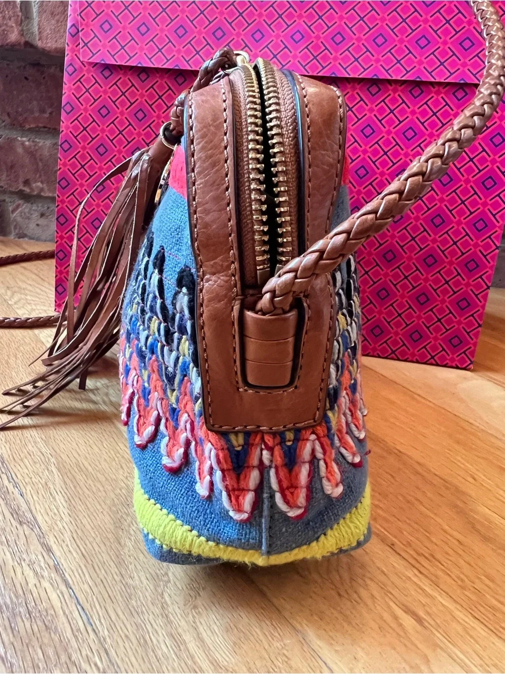 Tory Burch Chambray Blue Multicolor Taylor Embroidered Camera Bag
